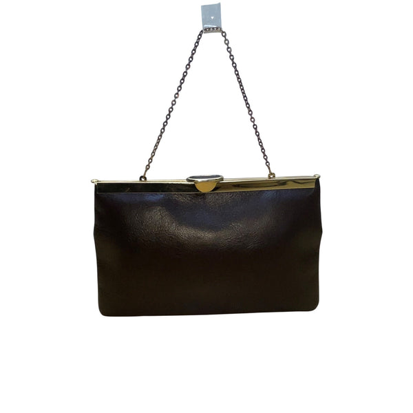 Vintage Etra Womens Black Leather Clutch Handbag Gold-Tone Chain Link Strap