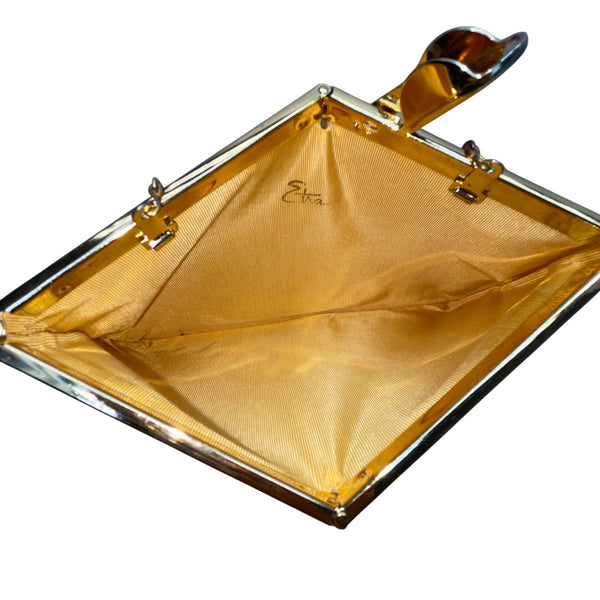 Vintage Etra Womens Black Leather Clutch Handbag Gold-Tone Chain Link Strap