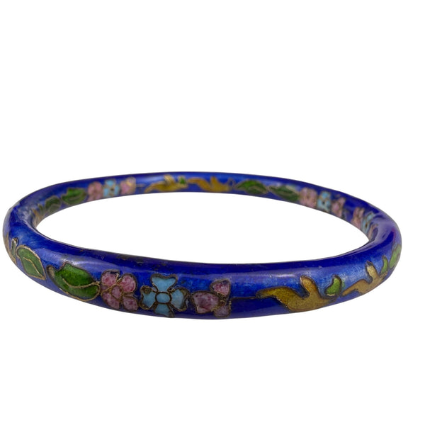 Cloisonné Womens Blue Enamel Floral Bangle Bracelet Various Metal Handmade
