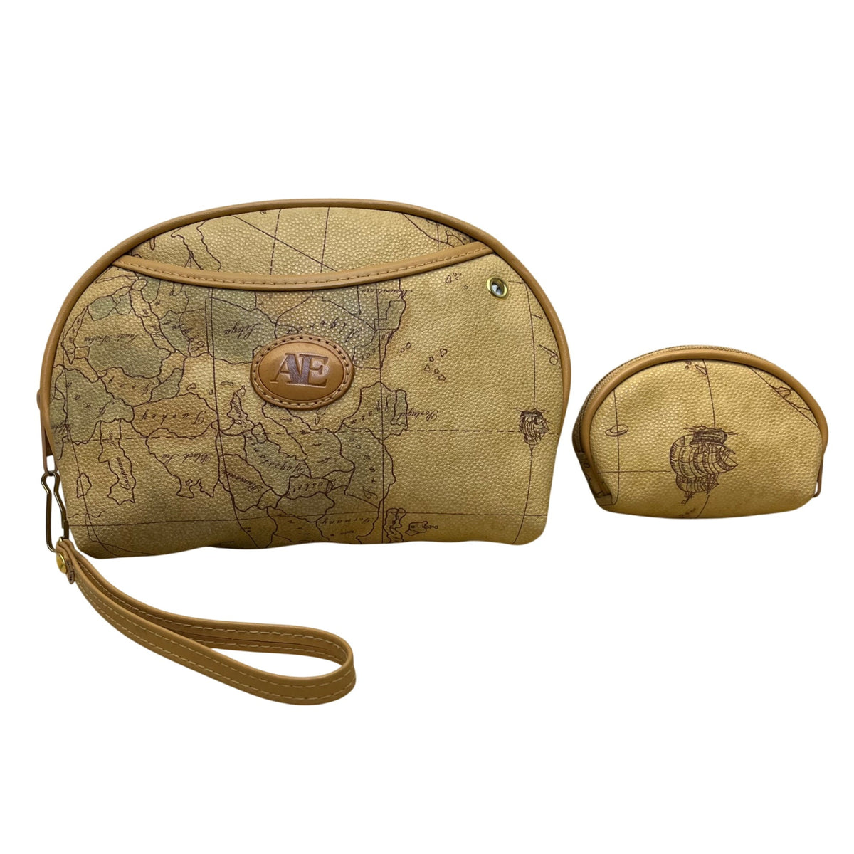 Allan Edward Beige World Map Faux Leather With Small Pouch Wristlet Set
