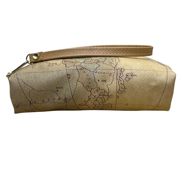 Allan Edward Beige World Map Faux Leather With Small Pouch Wristlet Set