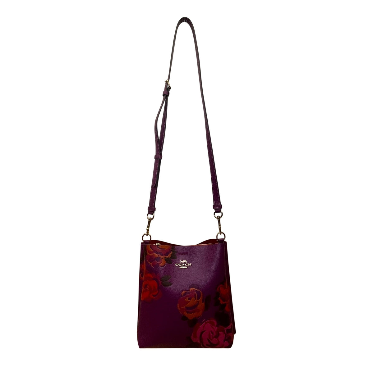Coach Women’s Purple Leather Rose Print Adjustable Crossbody Molly Bucket Bag