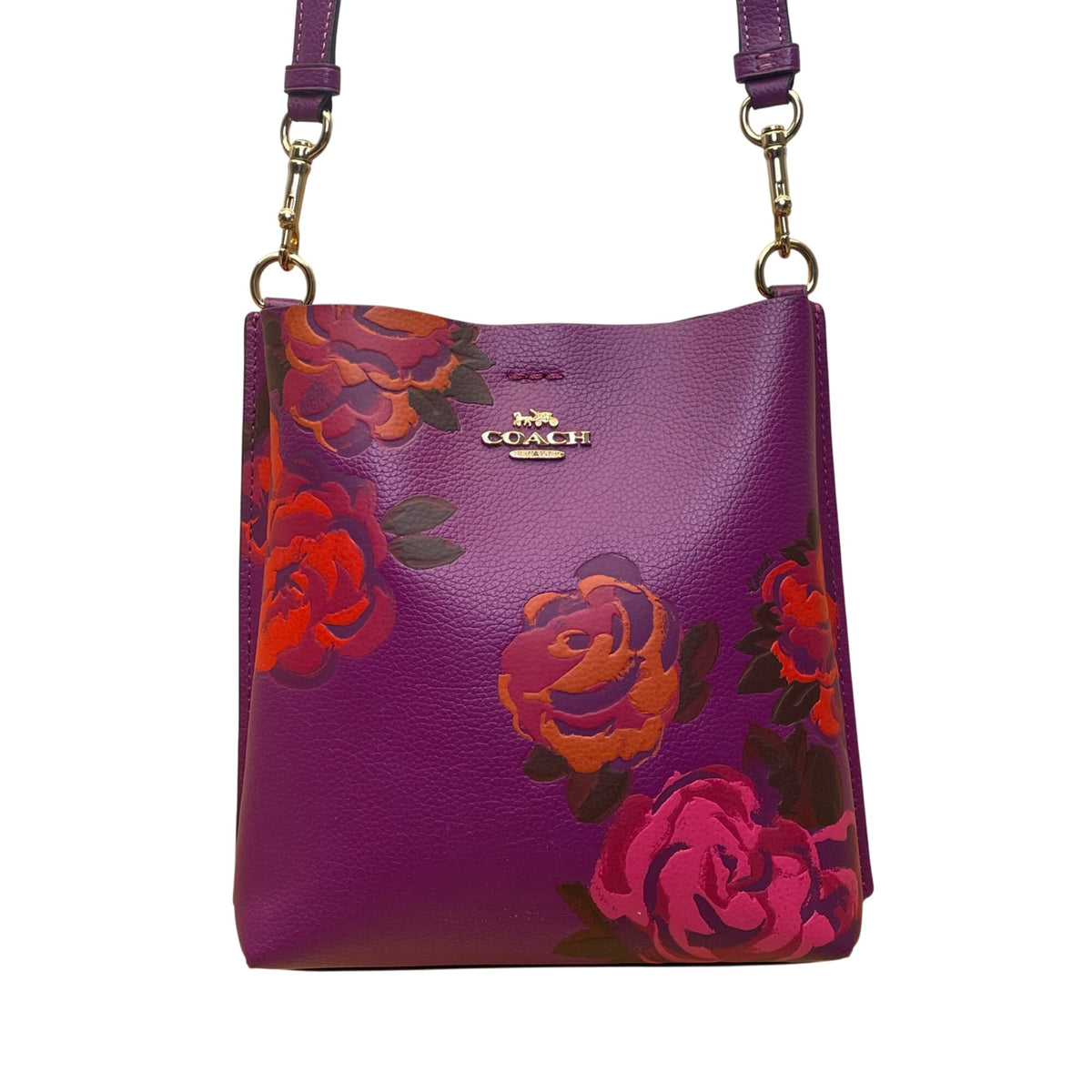 Coach Women’s Purple Leather Rose Print Adjustable Crossbody Molly Bucket Bag
