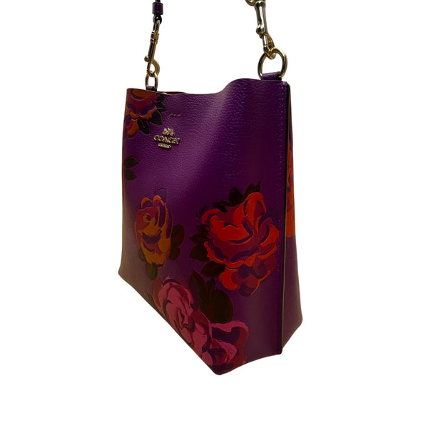 Coach Women’s Purple Leather Rose Print Adjustable Crossbody Molly Bucket Bag