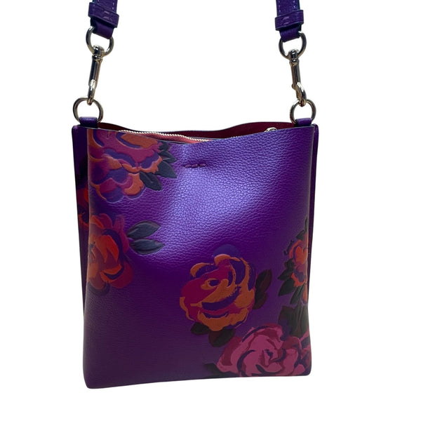 Coach Women’s Purple Leather Rose Print Adjustable Crossbody Molly Bucket Bag