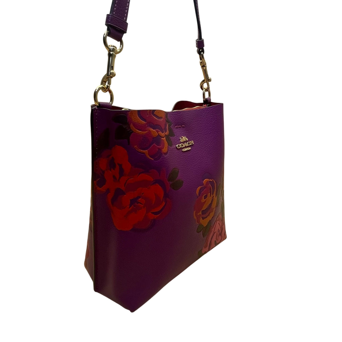 Coach Women’s Purple Leather Rose Print Adjustable Crossbody Molly Bucket Bag