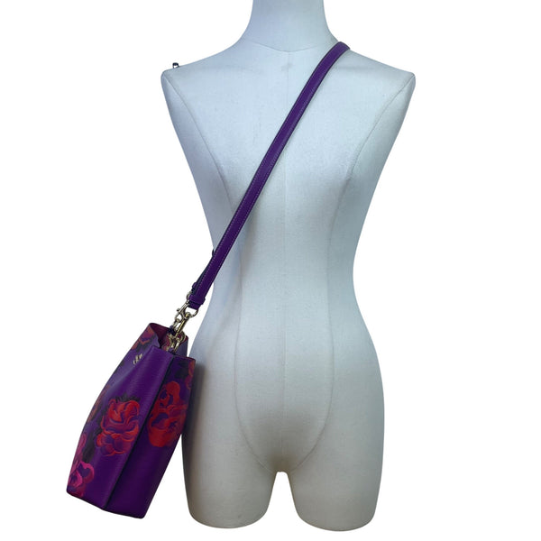 Coach Women’s Purple Leather Rose Print Adjustable Crossbody Molly Bucket Bag