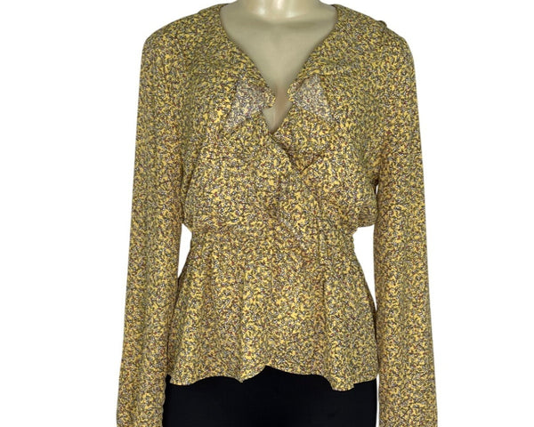 Max Studio Womens Yellow Floral Ruffle Wrap Blouse Long Sleeves Size M