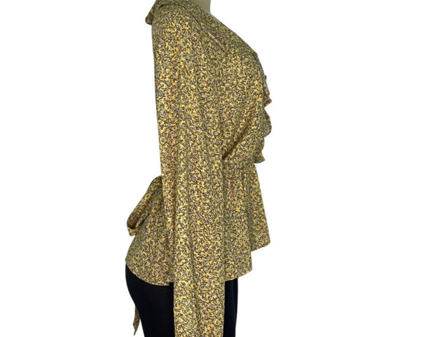 Max Studio Womens Yellow Floral Ruffle Wrap Blouse Long Sleeves Size M