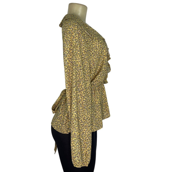 Max Studio Womens Yellow Floral Ruffle Wrap Blouse Long Sleeves Size M