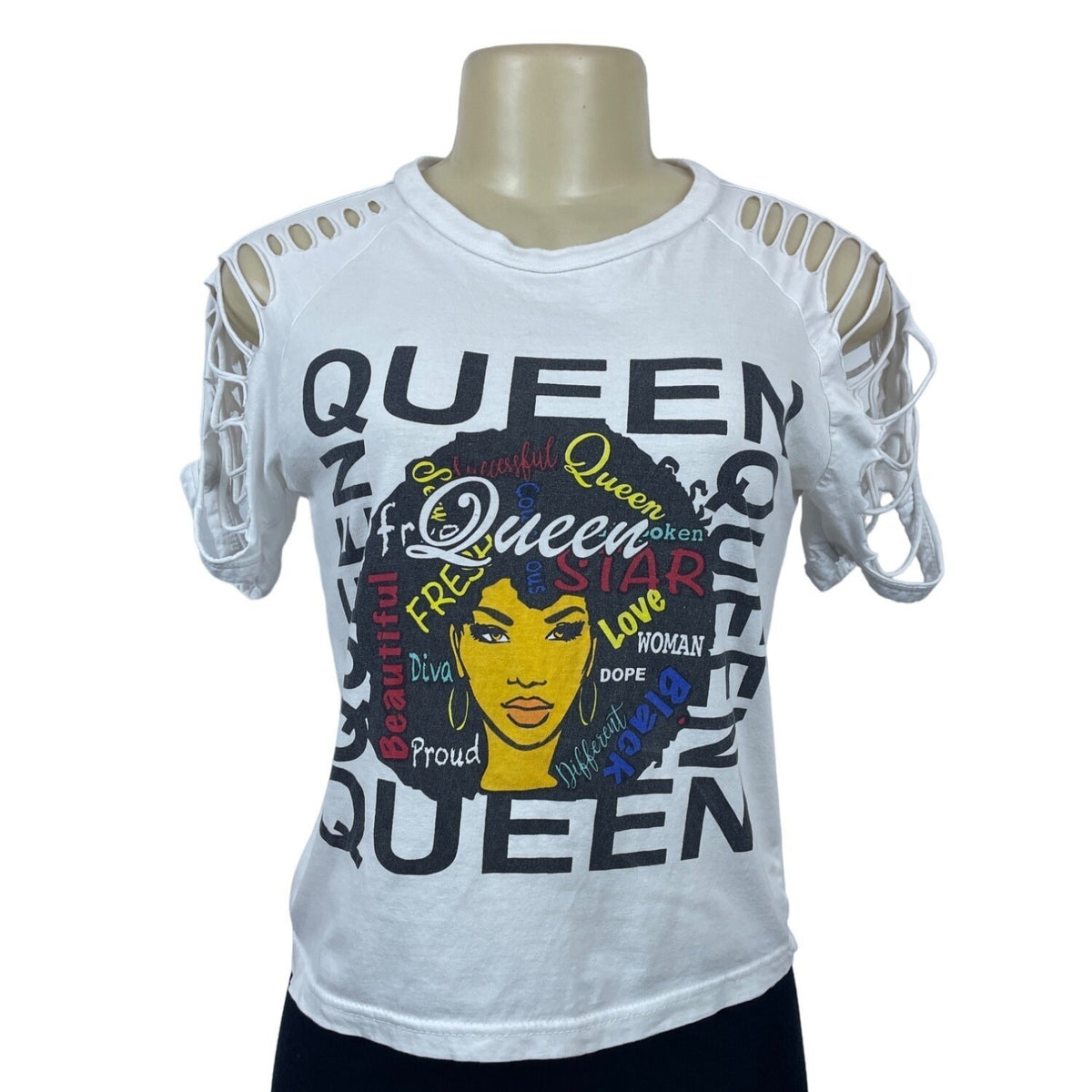 ON FIRE Women Multicolored QUEEN Graphic Cropped Open Sleeve T-Shirt shirt Sz M