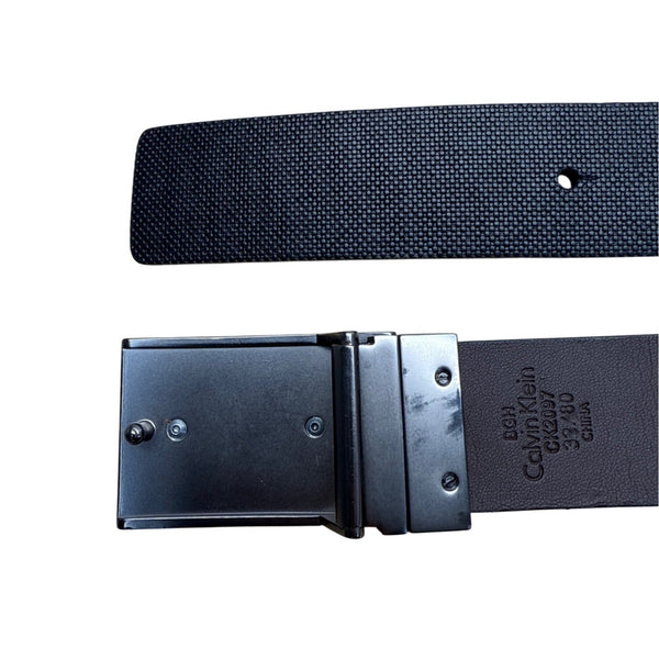 Calvin Klein Mens Black Textured Belt With CK Logo Plaque Buckle Size 32