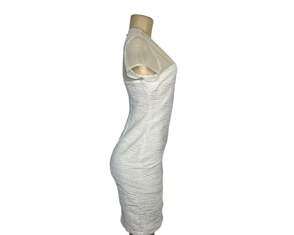 Cache White Mesh Sheer Cap Sleeve Ruched Mini Dress Size 8