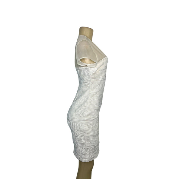 Cache White Mesh Sheer Cap Sleeve Ruched Mini Dress Size 8