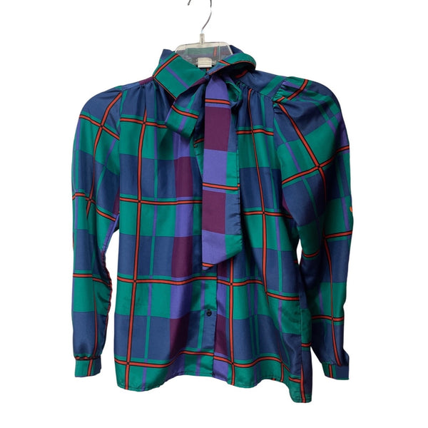 Gianna Womens Multicolor Polyester Long Sleeve Plaid Button-Up Blouse With Bow Tie