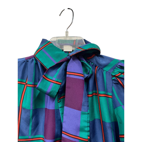 Gianna Womens Multicolor Polyester Long Sleeve Plaid Button-Up Blouse With Bow Tie