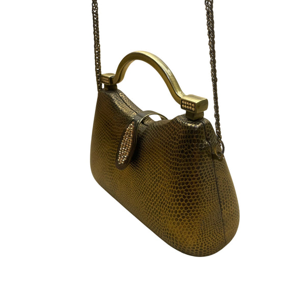 Gold-Tone Structured Chain Strap Metallic Embossed Pattern Evening Handbag
