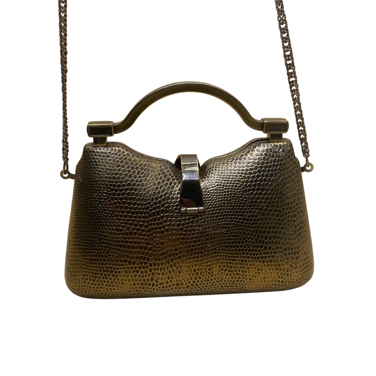 Gold-Tone Structured Chain Strap Metallic Embossed Pattern Evening Handbag