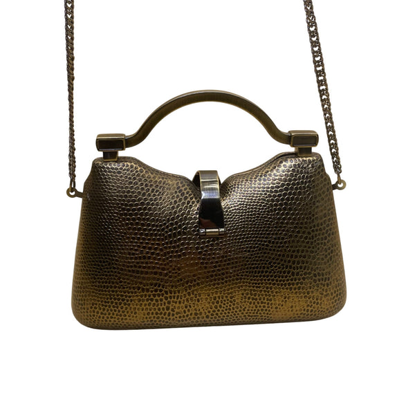 Gold-Tone Structured Chain Strap Metallic Embossed Pattern Evening Handbag