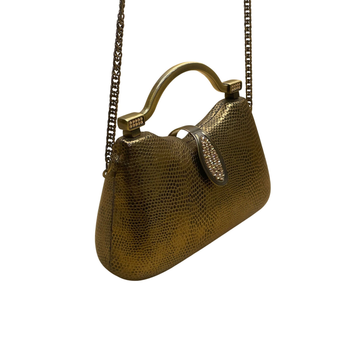 Gold-Tone Structured Chain Strap Metallic Embossed Pattern Evening Handbag