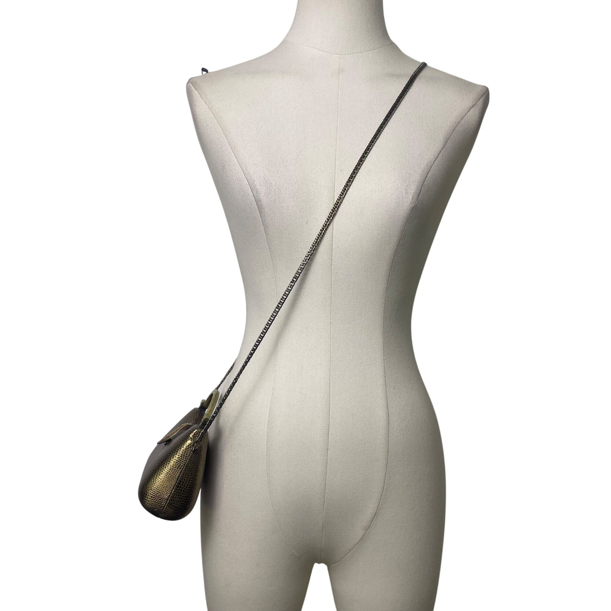 Gold-Tone Structured Chain Strap Metallic Embossed Pattern Evening Handbag