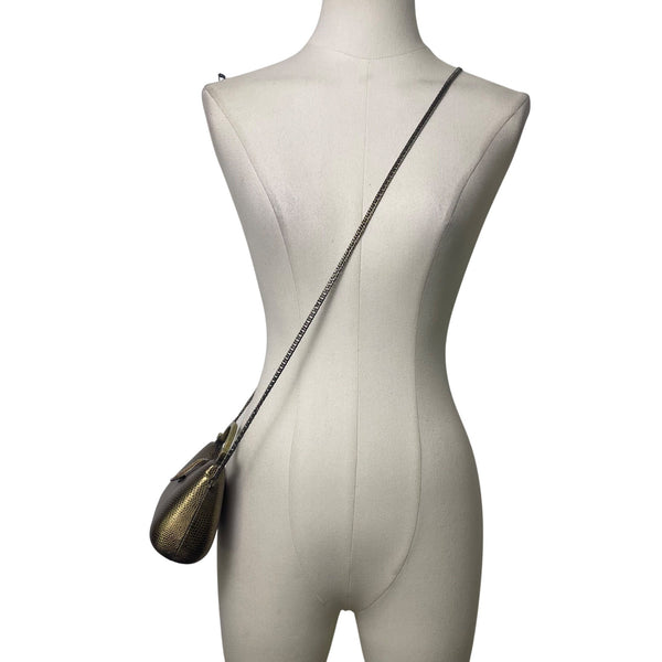 Gold-Tone Structured Chain Strap Metallic Embossed Pattern Evening Handbag