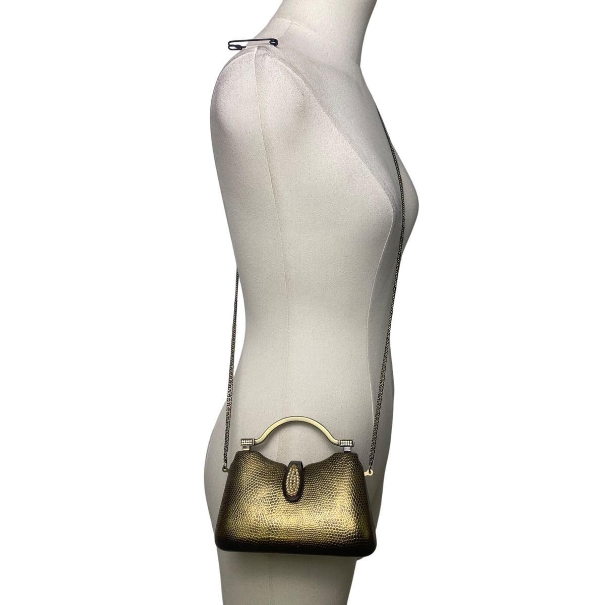 Gold-Tone Structured Chain Strap Metallic Embossed Pattern Evening Handbag