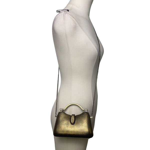 Gold-Tone Structured Chain Strap Metallic Embossed Pattern Evening Handbag