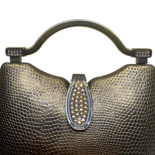Gold-Tone Structured Chain Strap Metallic Embossed Pattern Evening Handbag