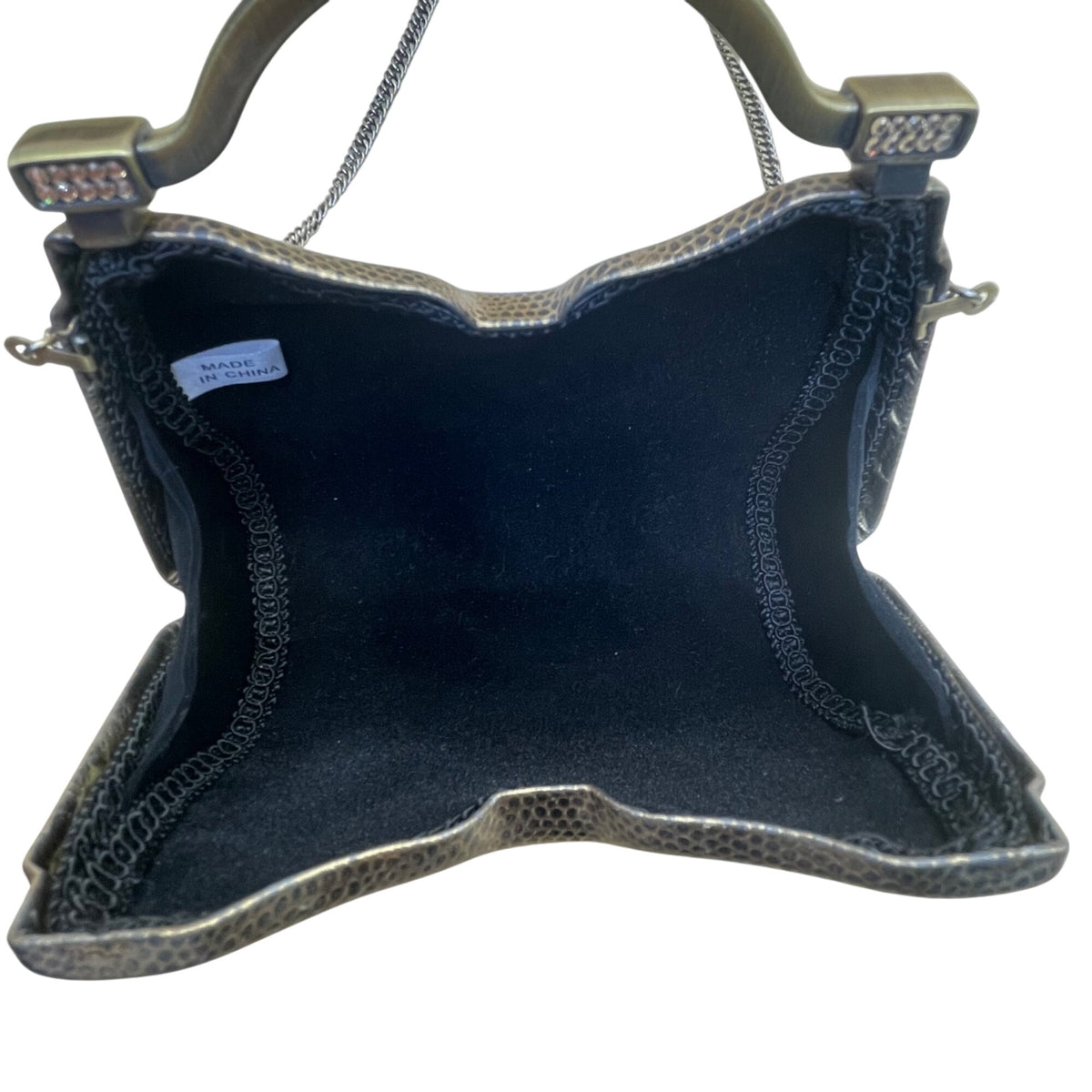 Gold-Tone Structured Chain Strap Metallic Embossed Pattern Evening Handbag