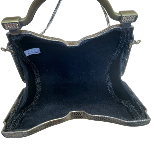 Gold-Tone Structured Chain Strap Metallic Embossed Pattern Evening Handbag