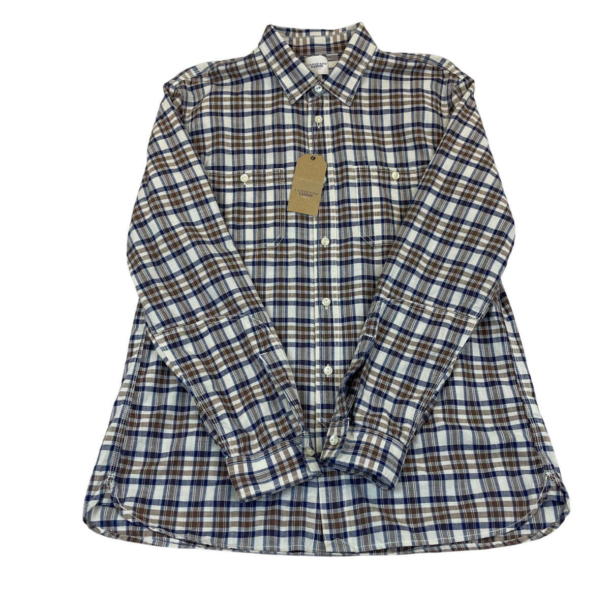 Lands End Mens Brown Plaid Button-Down Shirt Long Sleeve Collared Sz L - New