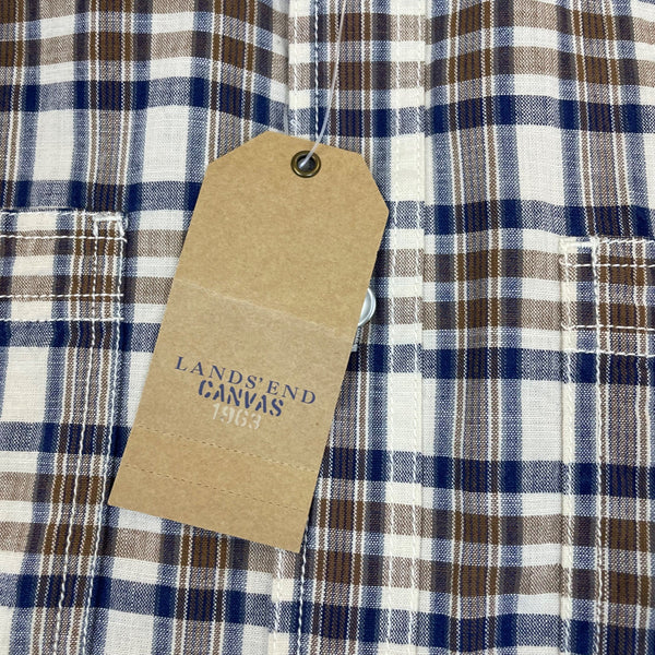 Lands End Mens Brown Plaid Button-Down Shirt Long Sleeve Collared Sz L - New