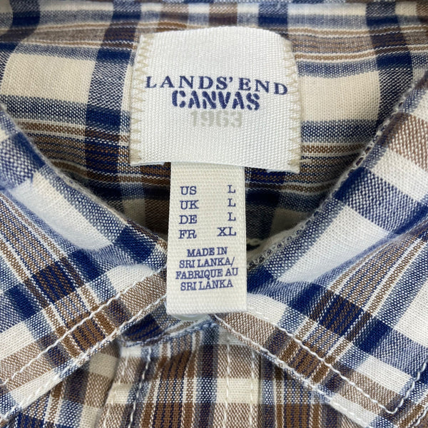 Lands End Mens Brown Plaid Button-Down Shirt Long Sleeve Collared Sz L - New