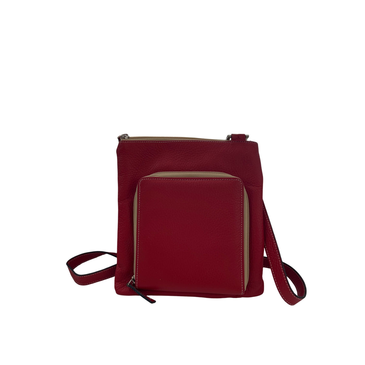 Red Leather Shoulder Crossbody Bag With Front Zip Pocket Adjustable Strap Unique