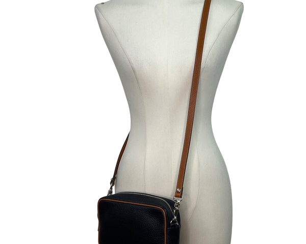 Dooney & Bourke Black Pebbled Leather Tan Trim & Adjustable Strap Crossbody Bag