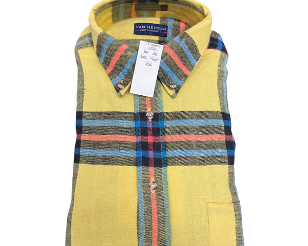 Vtg 90s Van Heusen Yellow Plaid Button-Down Long Sleeve Shirt Winterweights Sz M