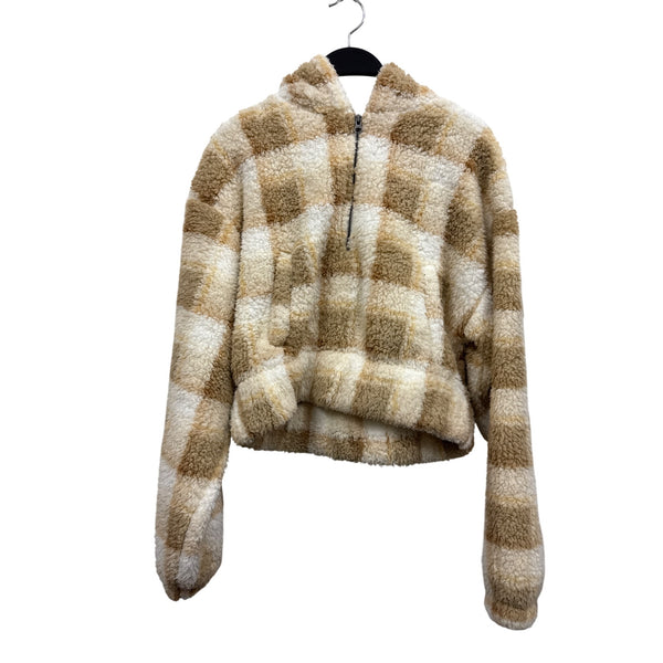 Arizona Jean Co. Beige & White Plaid Sherpa Zip Hoodie Jacket Size S