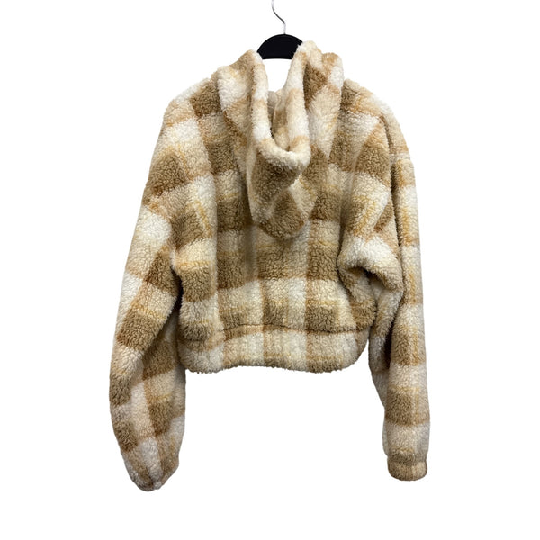 Arizona Jean Co. Beige & White Plaid Sherpa Zip Hoodie Jacket Size S