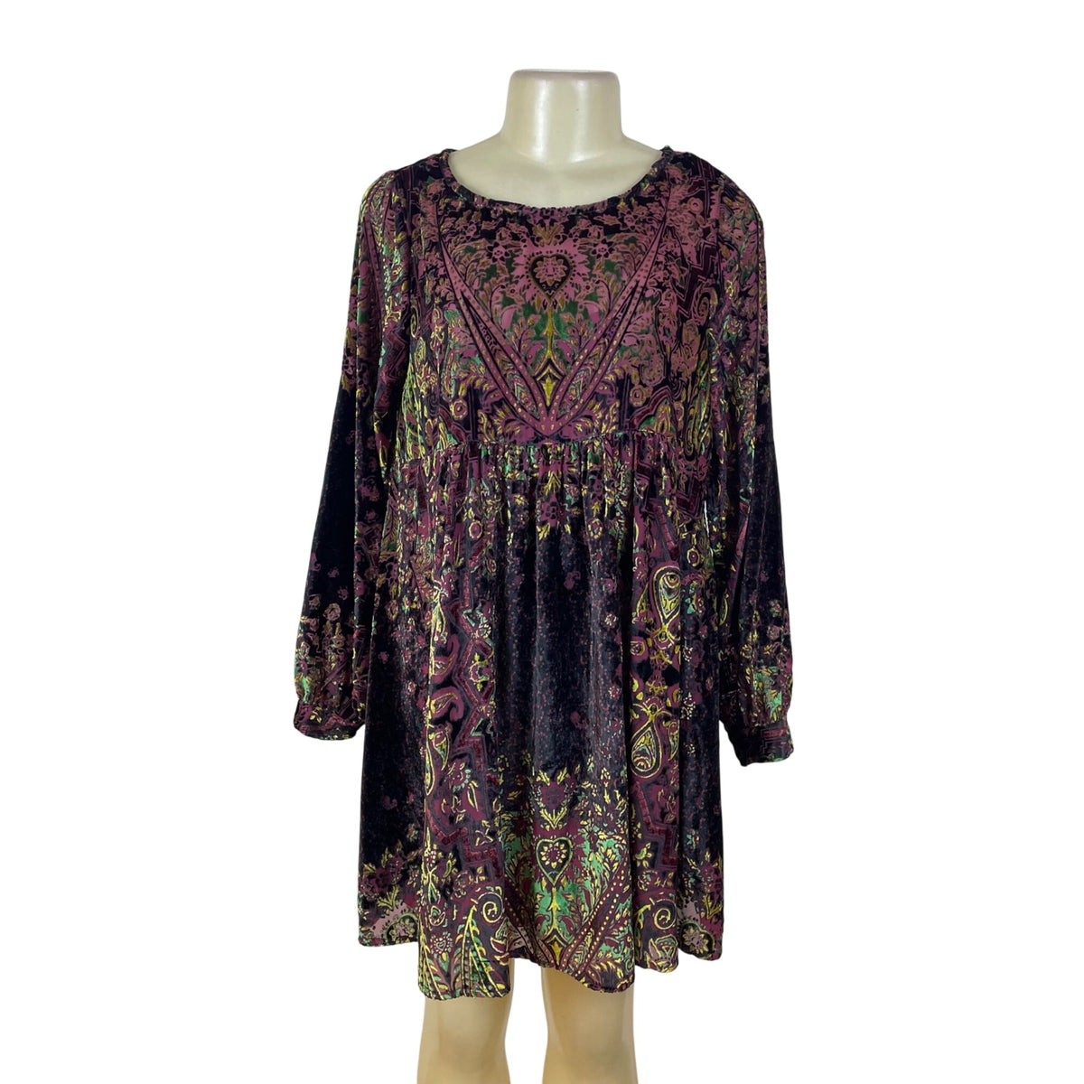 Free People Womens Multicolor Velvet Long-Sleeve Mini Dress Boho Paisley Pattern Size S/P