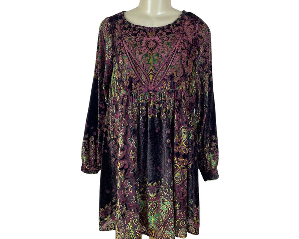 Free People Womens Multicolor Velvet Long-Sleeve Mini Dress Boho Paisley Pattern Size S/P