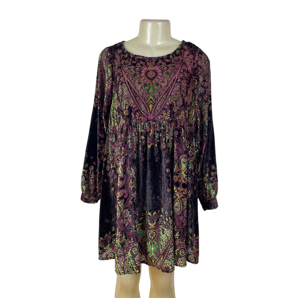 Free People Womens Multicolor Velvet Long-Sleeve Mini Dress Boho Paisley Pattern Size S/P