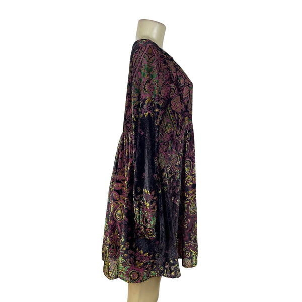 Free People Womens Multicolor Velvet Long-Sleeve Mini Dress Boho Paisley Pattern Size S/P