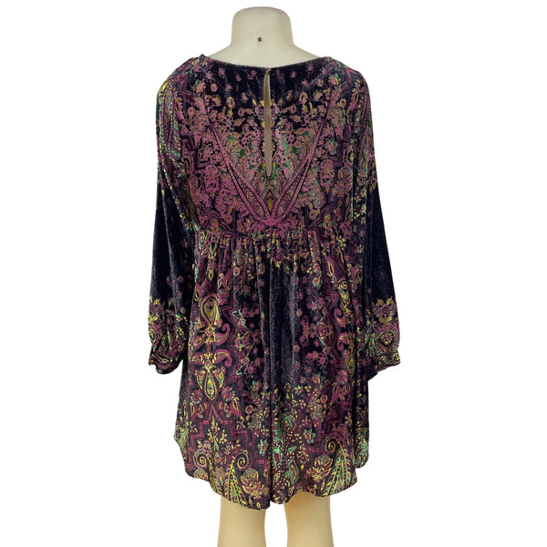 Free People Womens Multicolor Velvet Long-Sleeve Mini Dress Boho Paisley Pattern Size S/P