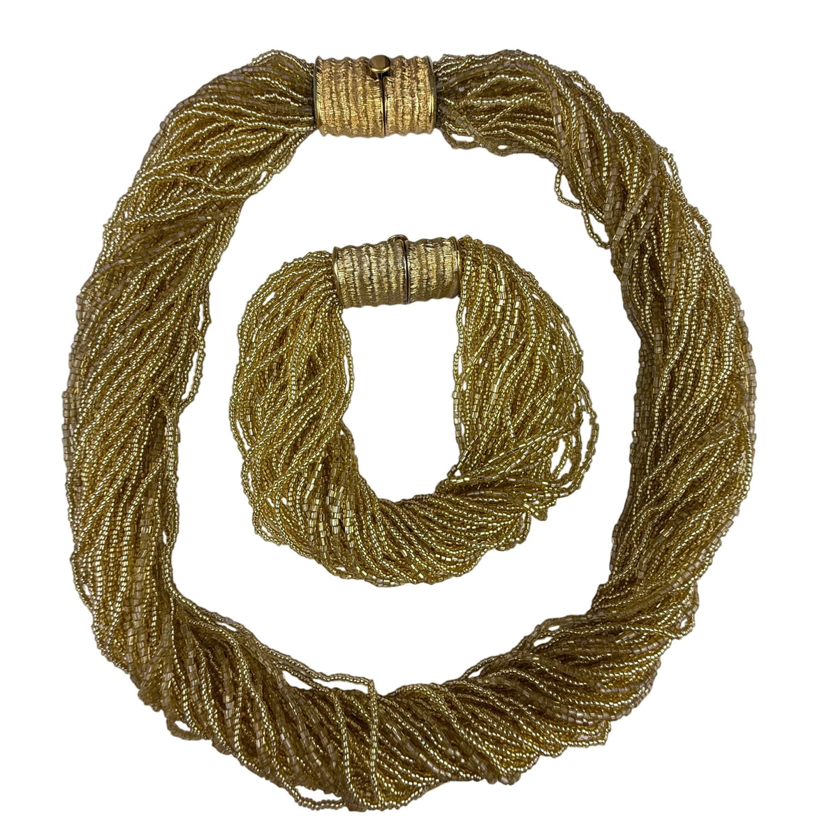 Gold Tone Multistrand Seed Bead Womens Collar Necklace & Bracelet Vintage Set