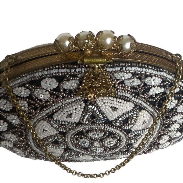 Vintage Mona-Lise Women's Black Beaded Pearl Closure Evening Pouch Sz S