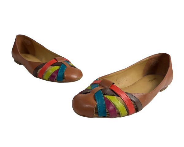 Nine West  Brown Leather Multicolor Weave Design Women's Flat Ballers Sz 9.5M