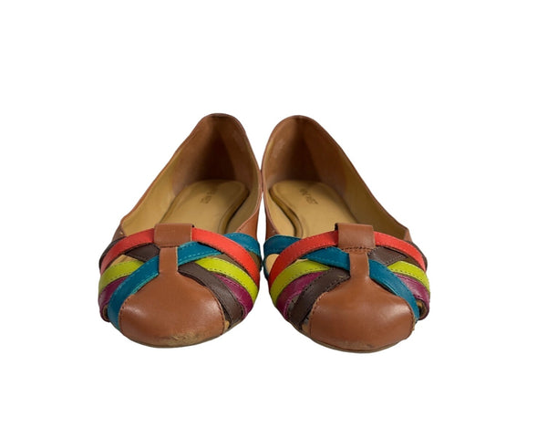 Nine West  Brown Leather Multicolor Weave Design Women's Flat Ballers Sz 9.5M