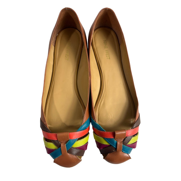 Nine West  Brown Leather Multicolor Weave Design Women's Flat Ballers Sz 9.5M
