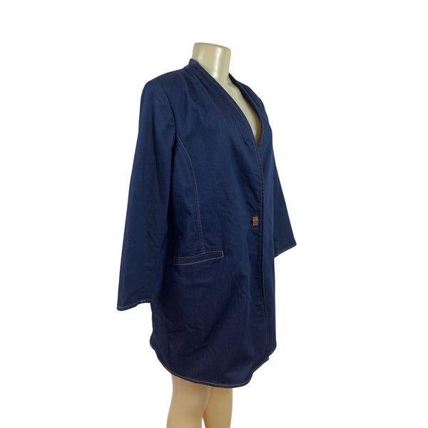 Chico’s Women's Navy Denim Long Jacket With Single Button Sz 2 - New